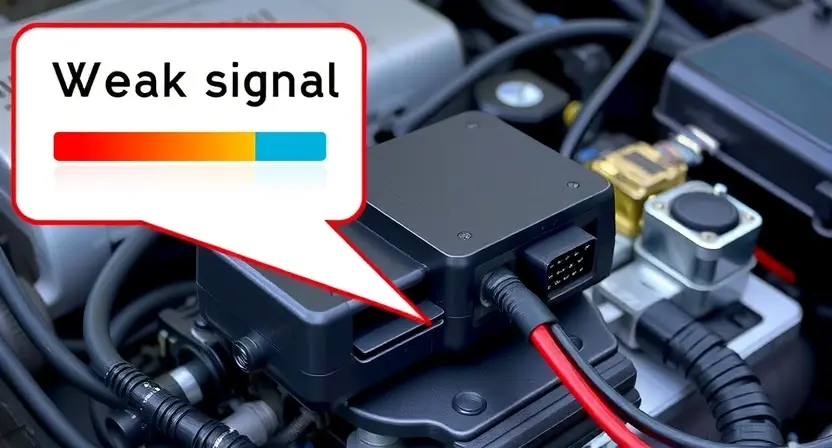 A close-up, detailed illustration of a car's engine control unit (ECU) with wiring and sensors. Highlight a weak signal indicator or a visual representation of a signal strength meter showing a low level. Focus on the connection points and wiring related to a sensor. The background should be a slightly blurred view of the engine bay.