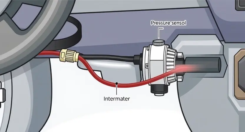 A detailed illustration of a car's power steering system, focusing on the pressure sensor and its connection to the hydraulic amplifier. Include visual cues indicating an intermittent signal, such as a fluctuating line or a blurry representation of the sensor reading. The background should be a clean, technical environment.