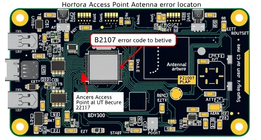 A detailed schematic diagram of a wireless access point antenna circuit board, highlighting the B2107 error code location. Include visual representations of the antenna, signal path, and potential failure points.