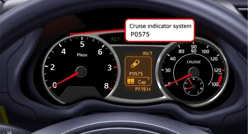 A detailed illustration of a car's dashboard with the cruise control system highlighted. Show the cruise control indicator light illuminated, and a visual representation of the error code P0575 displayed on the instrument cluster. Focus on the electronic components and wiring related to the cruise control module.