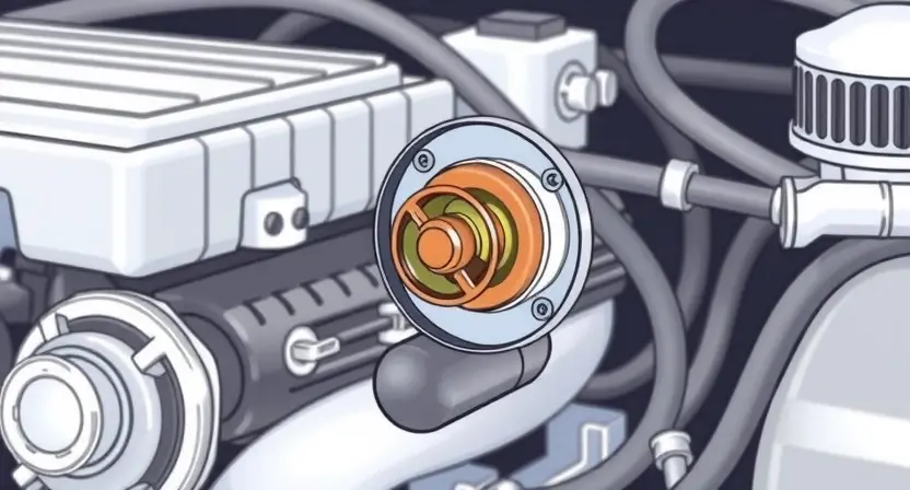 A close-up, detailed illustration of a car engine cooling system, specifically highlighting the thermostat. The image should show the thermostat in its housing, with visible coolant hoses connected. Include surrounding engine components like the radiator and water pump, but keep the focus on the thermostat itself. The overall scene should be clean and well-lit, emphasizing the mechanical details. The background should be blurred to draw attention to the central subject.