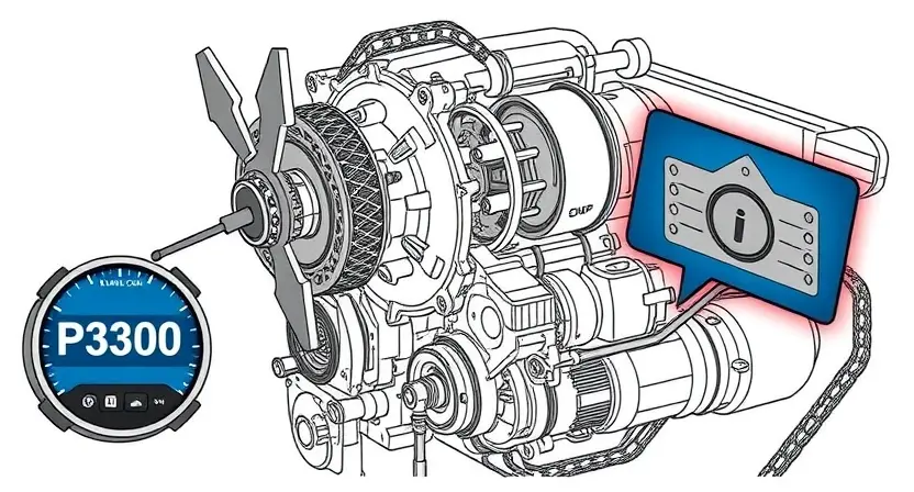 A detailed technical illustration of a car engine's variable valve timing system, showing components like camshaft, phaser, oil control valve, and timing chain, with diagnostic error code P3300 displayed on a digital dashboard screen nearby, clean white background, technical line art style with blue and gray color accents