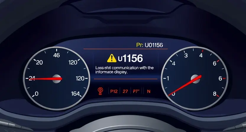 A high-quality technical illustration of a car's instrument cluster displaying an error code U0156, showing a warning message about loss of communication with the vehicle's information display, with clear digital readouts and warning symbols, realistic automotive interior lighting, detailed dashboard elements, no text or numbers added to the image, professional technical documentation style
