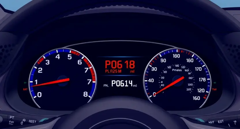 A detailed illustration of a car's dashboard with a diagnostic error code display showing 'P0618'. The dashboard should be brightly lit, showing various gauges and indicators. Focus on the error code being clearly visible.