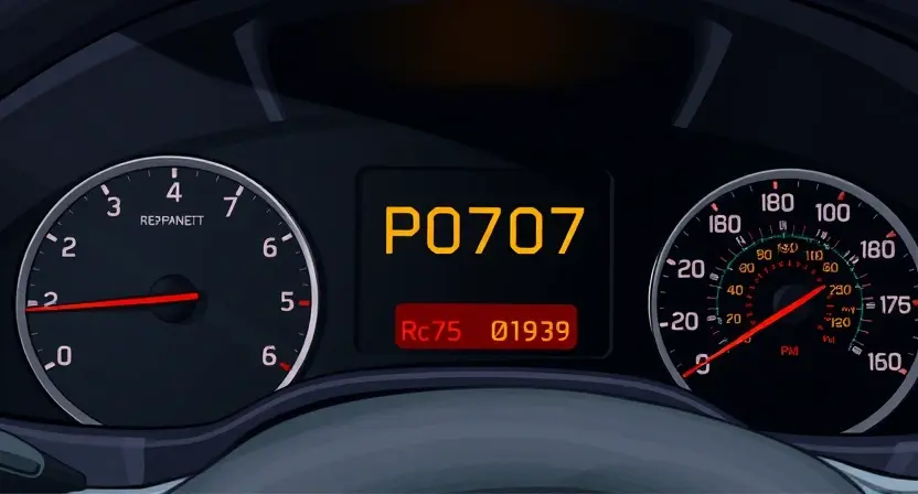 A detailed illustration of a car's dashboard with a diagnostic code P0707 illuminated on the display. The dashboard should show other relevant gauges and indicators, suggesting a typical vehicle interior. Focus on clarity and accuracy of the code display.