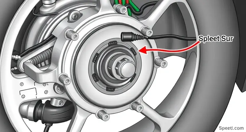 A detailed illustration of a car's front left wheel hub assembly, highlighting the speed sensor and its wiring. The image should clearly show the sensor's position, the wiring connecting it to the car's electrical system, and the surrounding components of the wheel hub. Focus on mechanical details and wiring connections.