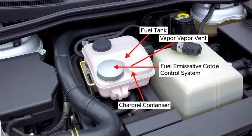 A close-up, detailed illustration of a car's engine bay, focusing on the evaporative emissions control system components. Highlight the charcoal canister, fuel tank vapor vent, and associated hoses. The image should convey a sense of technical precision and clarity, emphasizing the parts related to the P2455 error code.