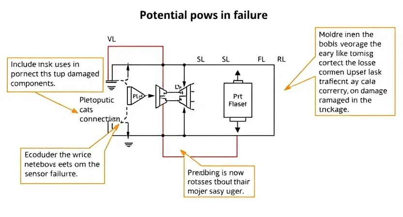 A detailed schematic diagram of a sensor power circuit, highlighting potential points of failure. Include visual cues for common issues like loose connections, corrosion, or damaged components. The diagram should be clean and professional, with clear labels for each component.
