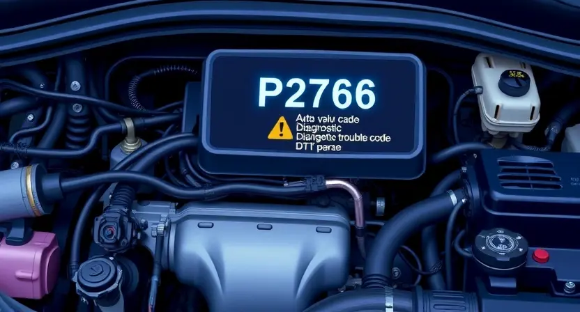 A detailed illustration of an automotive engine bay with a focus on the diagnostic trouble code (DTC) P2766 illuminated on a dashboard display. The engine should be partially visible, showcasing various components like hoses, wires, and sensors. The dashboard should clearly display the P2766 code with accompanying text explaining the error. The overall lighting should be bright and informative, highlighting the technical details.