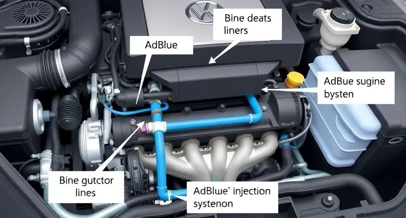 A detailed illustration of an automotive engine bay, focusing on the AdBlue injection system. Show the injector, lines, and related components clearly labeled. The engine should be partially visible, but the emphasis is on the AdBlue system.