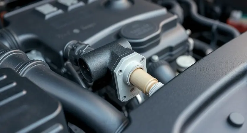 A close-up, detailed image of a car's engine bay. Focus on the mass airflow sensor (MAF sensor) and its surrounding components. The engine should appear clean and well-maintained. Use bright, even lighting to highlight the sensor's details.