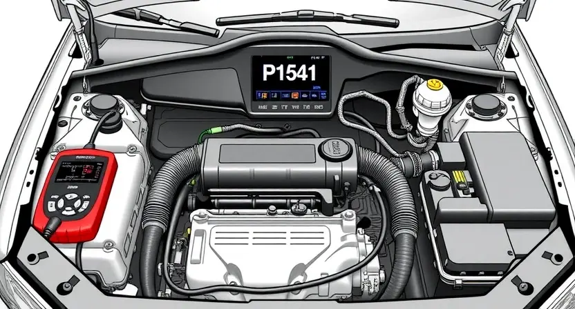 A detailed illustration of an automotive engine bay with a dashboard displaying a P1541 error code. Focus on the diagnostic tools and components commonly used to troubleshoot this error. The engine should be partially disassembled to show relevant sensors and wiring.