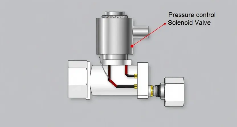 A detailed illustration of a solenoid valve and its wiring, showing a close-up of the solenoid coil, wires connected to it, and the valve body. The image should highlight the components and connections involved in pressure control.