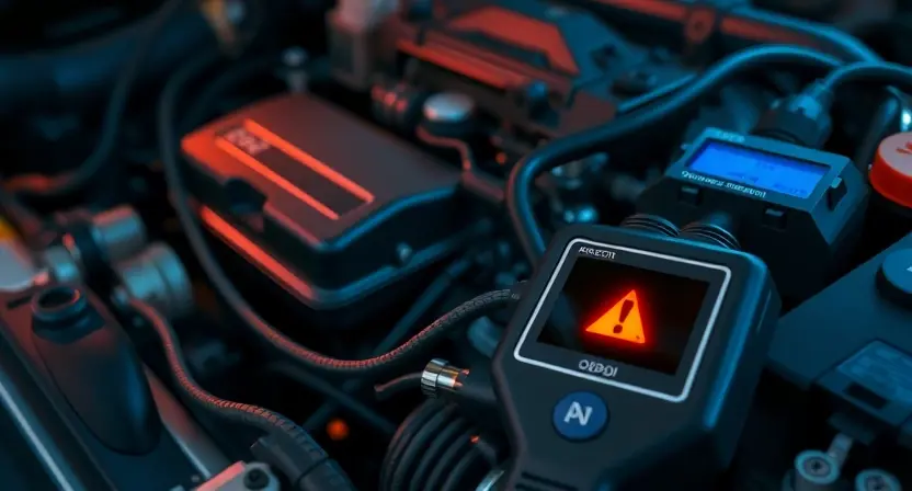 A detailed close-up of a modern car engine bay focusing on the electronic control unit (ECU) and complex wiring harnesses. A digital diagnostic scanner is connected to the OBD-II port, showing a glowing warning symbol on its screen. Cinematic lighting, technical atmosphere, hyper-realistic automotive engineering photography, shallow depth of field, metallic textures, blue and orange ambient light.