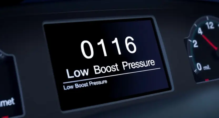 A close-up, detailed illustration of a car engine diagnostic screen displaying the error code P0116. The screen should show the code prominently, along with a brief, simplified explanation of what it indicates (e.g., 'Low Boost Pressure'). The background should be slightly blurred, suggesting a mechanic's workshop. Focus on clarity and readability of the error code and its associated information.