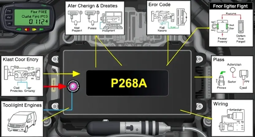A detailed illustration of an automotive engine control unit (ECU) with wiring diagrams and diagnostic tools surrounding it. Focus on the P268A error code indicator light on the dashboard.