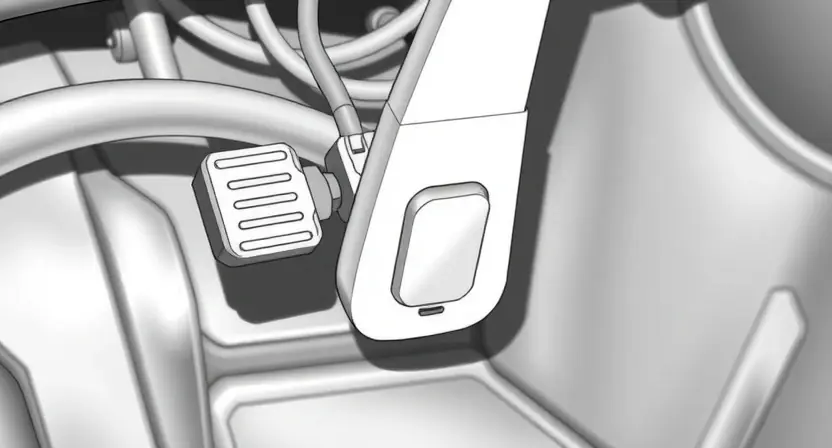 A close-up, detailed illustration of a car's accelerator pedal assembly. Focus on the position sensor and its connection to the pedal. Show the pedal itself, the sensor mechanism, and surrounding components like wiring and possibly a portion of the engine bay in the background, blurred. The image should convey a sense of technical precision and diagnostic examination.