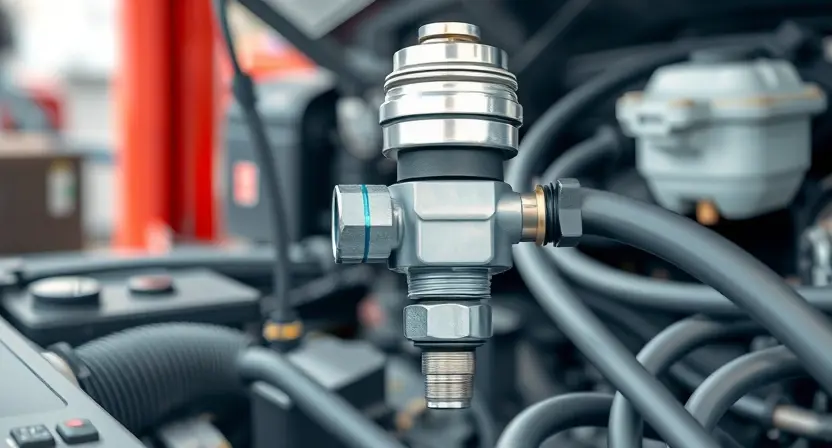 A close-up, detailed illustration of a car's fuel system components. Focus on the fuel pressure sensor and surrounding fuel lines. The components should be clean and well-lit, showcasing their intricate details. Background should be a blurred automotive workshop environment.