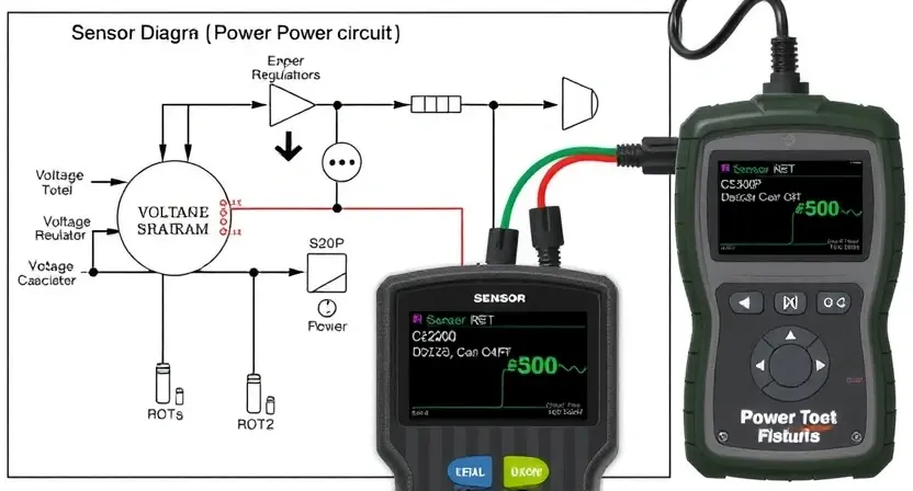 A detailed schematic diagram of a sensor power circuit, showing various components like voltage regulators, capacitors, and connectors. The diagram should be clean, well-labeled, and illustrate the power flow. Include a diagnostic tool connected to the circuit, displaying error codes related to the C2100 error. The background should be a neutral, technical environment.