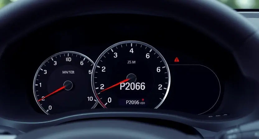 A close-up, detailed illustration of a car's dashboard with a prominent error message displayed on the instrument cluster. The dashboard should be clean and modern, with a focus on the warning light and text indicating a 'P2066' error. The background should be slightly blurred to emphasize the dashboard.