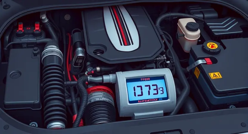 A detailed illustration of a car's engine bay with a diagnostic error code light illuminated. Focus on the engine components, wiring, and the error code display. The image should convey a sense of technical complexity and potential malfunction.