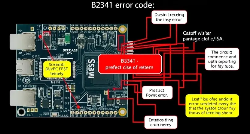 A detailed schematic diagram illustrating the B2341 error code. The diagram should show a circuit board with highlighted components and connections related to the error. Include visual cues representing the error's impact on the system.