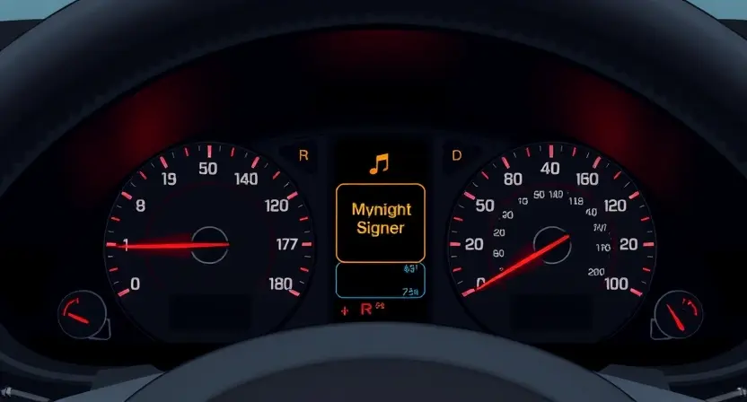 A detailed illustration of a car's dashboard with a warning light illuminated, indicating a problem with the body height sensor signal. The dashboard should show relevant gauges and indicators, and the warning light should be clearly visible. Focus on the technical aspects of the dashboard and the warning signal.