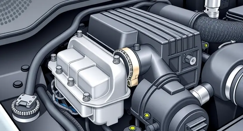 A close-up, detailed illustration of a car's engine bay. Focus on the mass airflow sensor (MAF sensor) and its surrounding components. The image should highlight the sensor's position and connection points. Include subtle visual cues suggesting a disrupted airflow, such as a slightly blurred or distorted representation of air passing near the sensor. The overall aesthetic should be clean and informative, suitable for a technical guide.