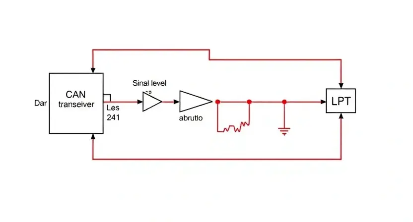 A detailed schematic diagram illustrating a CAN bus high-speed line with an interruption (abrupt change in signal). The diagram should clearly show the CAN transceiver, the bus wires, and the point of interruption. Include visual indicators of the signal disruption, such as a broken line or a change in signal level representation. Focus on technical clarity and accuracy. The background should be clean and uncluttered, emphasizing the circuit elements.