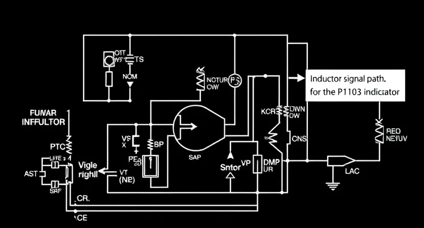 A detailed schematic diagram of an electrical drive circuit with a prominent inductor (дрос). The diagram should clearly show the signal path and indicate the location of the P2103 error indicator. Focus on the electrical components and connections.