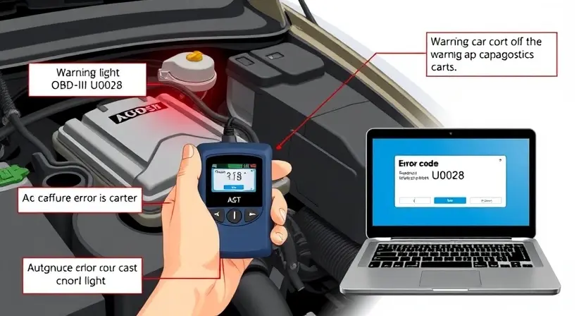 A high-quality technical illustration showing a car engine with a warning light on the dashboard, a mechanic's hand holding a diagnostic scanner connected to the car's OBD-II port, and a laptop displaying error code U0028, with clear labels indicating the error code and diagnostic steps, all rendered in a clean, professional style suitable for automotive repair documentation
