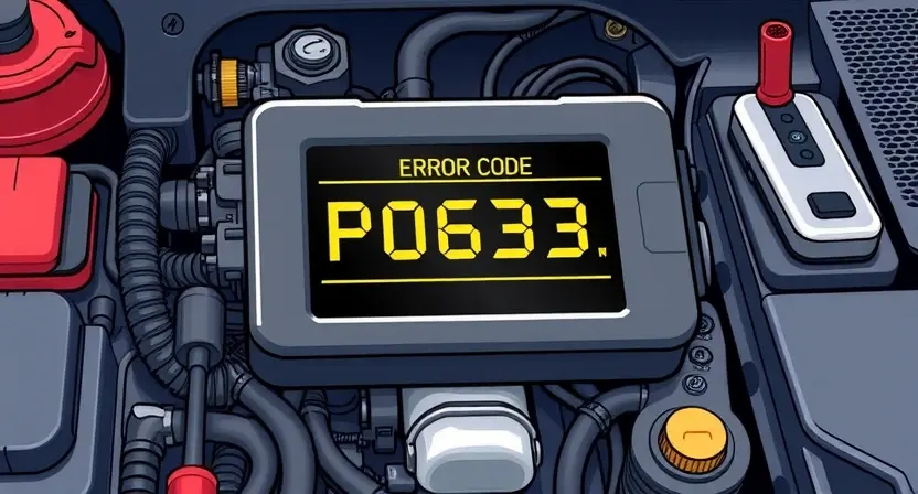 A detailed illustration of a car's engine control unit (ECU) with a highlighted error code P0633. The ECU should be surrounded by diagnostic tools and a mechanic's workspace. Focus on the visual representation of the error code and its potential cause within the ECU's system.