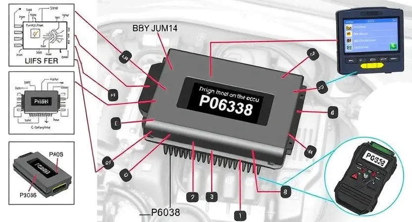 A detailed illustration of a car's engine control unit (ECU) with wiring diagrams and diagnostic tools surrounding it. Focus on the P0638 error code indicator.