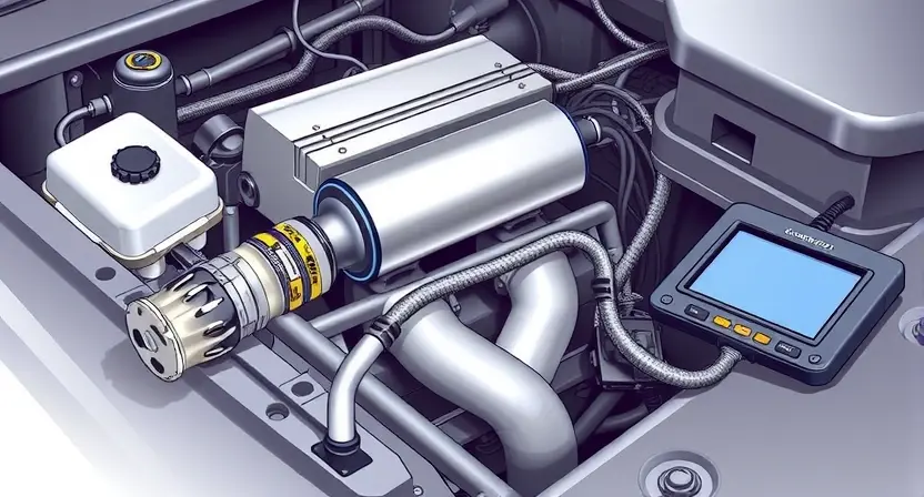 A detailed illustration of an automotive engine bay, focusing on the catalytic converter and associated wiring. The catalytic converter should be clearly visible, with wires and connectors leading to it. Include a diagnostic tool connected to a port near the catalytic converter. The background should be slightly blurred to emphasize the engine components.