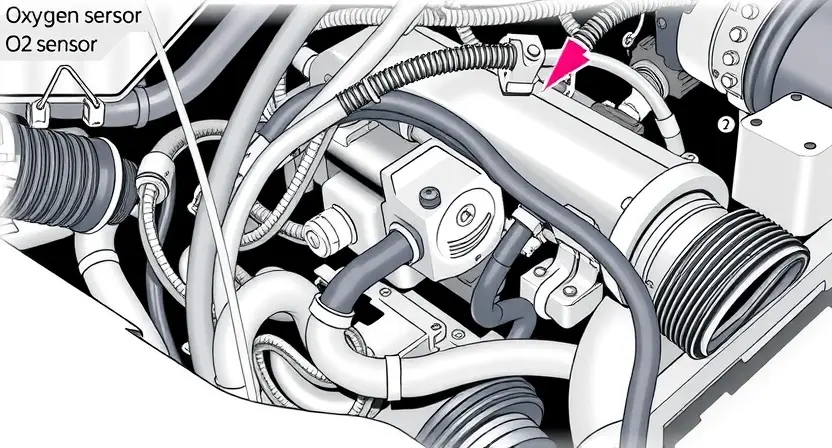 A detailed illustration of a car's engine bay, focusing on the oxygen sensor (O2 sensor) and its wiring. The sensor should be clearly visible, along with surrounding engine components like hoses and belts. The image should convey a sense of technical precision and diagnostic inspection. The overall lighting should be bright and even, highlighting the sensor's details. The background should be slightly blurred to keep the focus on the sensor.