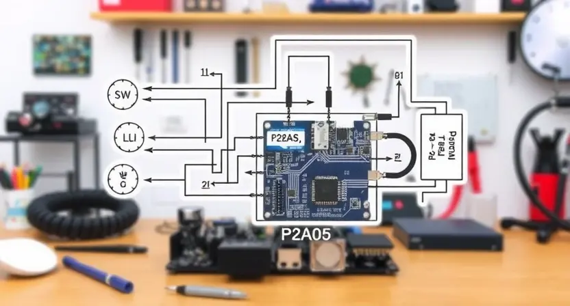 A detailed schematic diagram illustrating a circuit board with a highlighted component labeled 'P2A05'. Arrows indicate the flow of electricity. The background is a clean, professional-looking workspace with tools and equipment subtly visible. Focus on clarity and technical accuracy.