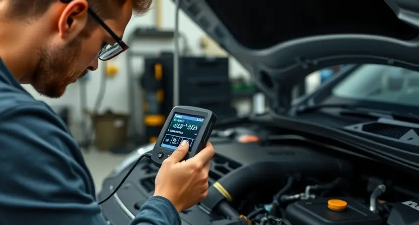 A professional automotive workshop scene showing a mechanic examining a car's engine with a diagnostic scanner, the scanner's screen glowing with abstract warning symbols, and subtle visual cues indicating an error code U3000 without any readable text or numbers. The atmosphere is focused and technical, with tools, wiring, and a clean garage background.