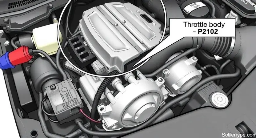 A detailed illustration of a car engine bay, focusing on the throttle body and its electrical connection. Highlight the components related to the P2102 error code, such as the throttle position sensor and associated wiring. The image should be clean and well-lit, emphasizing the mechanical aspects of the engine. Show a close-up of the electrical connector and wiring harness.