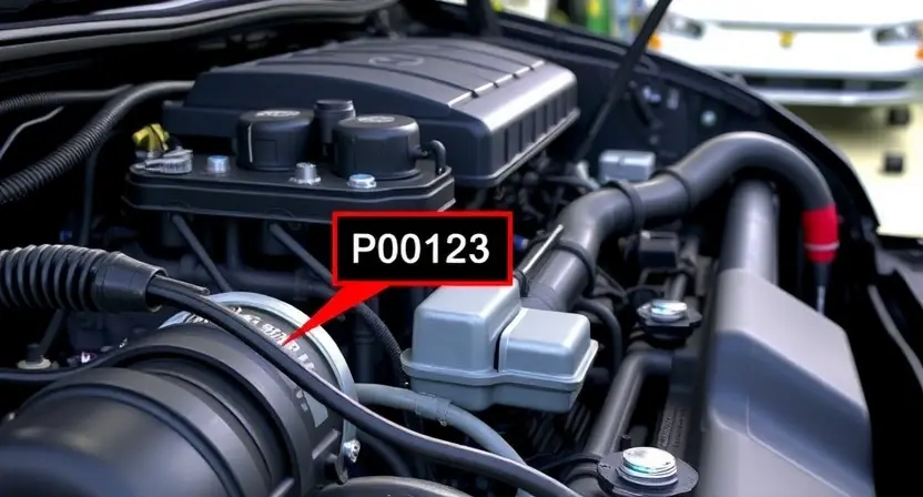 A close-up, detailed illustration of a car engine with a diagnostic code P0123 highlighted. Focus on the engine components like the intake manifold, oxygen sensor, and related wiring. The background should be a clean, slightly blurred garage setting.