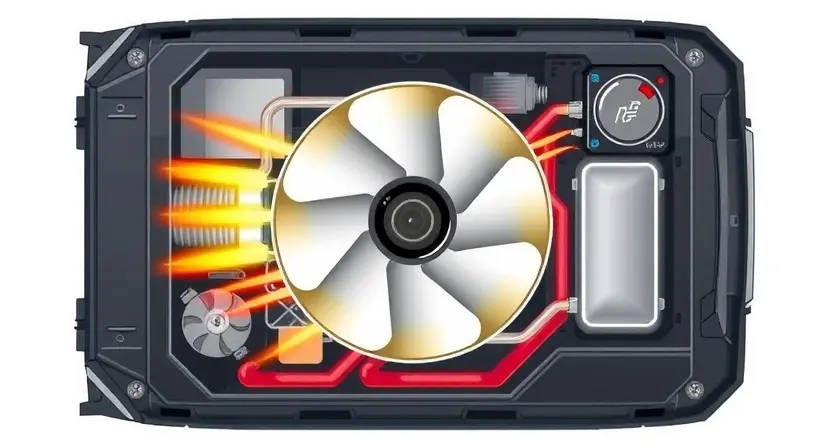 A detailed technical illustration of a high-voltage battery cooling fan malfunction, showing a damaged or stopped fan inside an electric vehicle's battery pack, with visible signs of overheating such as heat waves or thermal indicators, set against a clean, neutral background to emphasize the mechanical issue