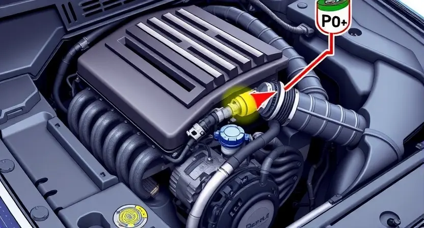 A detailed illustration of a car engine with a highlighted section indicating a potential issue, such as a malfunctioning component or sensor. The engine should be depicted in a realistic and highly detailed manner, with clear visual cues pointing to the problematic area. The image should convey a sense of technical precision and diagnostic focus.