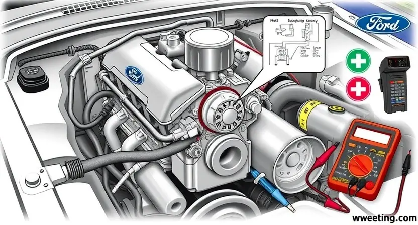 A detailed illustration of a Ford vehicle engine bay, focusing on the solenoid and wiring. The engine should be partially disassembled to reveal the solenoid clearly. Include diagnostic tools like a multimeter and a wiring diagram. The background should be a clean, well-lit workshop environment.