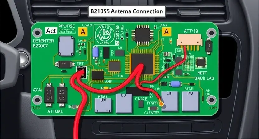A detailed illustration of a car's antenna circuit board, highlighting the B2105 error code. Focus on the electronic components, wiring, and potential areas of failure. Include visual cues representing a faulty antenna connection.