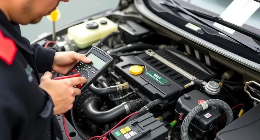 A mechanic is using a multimeter to diagnose a car engine. The engine is partially disassembled, showing various components like hoses, wires, and sensors. The mechanic is focused on the engine control unit (ECU). The scene is well-lit and detailed, emphasizing the diagnostic process.
