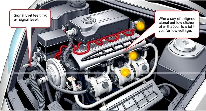 A detailed illustration of a car engine's primary control circuit with a focus on the low signal level issue. Show the wiring, sensors, and components involved in the control circuit, highlighting the areas where signal loss or low voltage might occur. Include visual indicators such as dim lights or weak signals to represent the low signal level. The image should be technical and informative, suitable for diagnostic purposes.