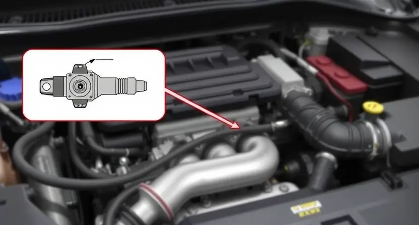 A detailed illustration of a car engine bay, focusing on the turbocharger sensor. The sensor should be clearly visible, with wiring and connections highlighted. Include diagrams showing the sensor's location and its connection to the engine control unit (ECU). The background should be slightly blurred to emphasize the sensor.
