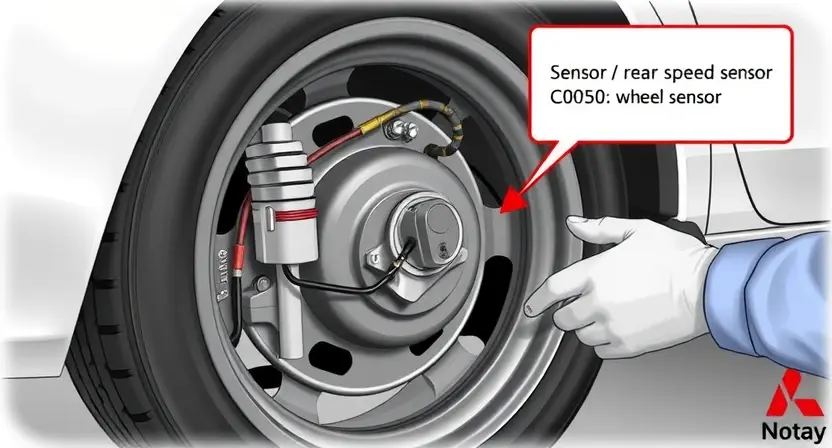 A detailed illustration of a car's rear right wheel assembly, highlighting the wheel speed sensor, with a subtle representation of a diagnostic error code C0050, showing the sensor's wiring and a mechanic's hands inspecting the sensor, set in a garage environment, no text or letters