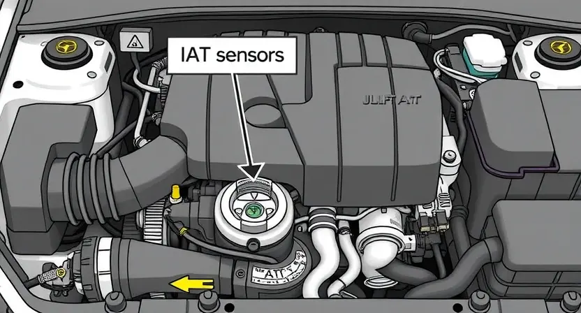A detailed illustration of a car engine bay, focusing on the intake manifold and the area around the intake air temperature (IAT) sensor. Highlight the sensor itself with a clear, labeled arrow. Show the wiring connecting to the sensor. The engine should be clean and well-lit, emphasizing the components related to the IAT sensor.