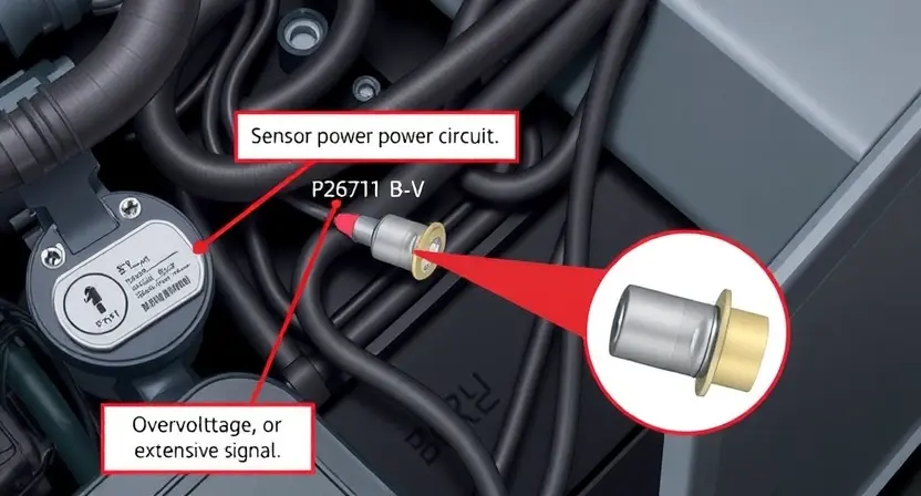 A detailed illustration of a car's wiring harness, highlighting the sensor power circuit (B-V). Focus on the potential cause of a P2671 error code – an overvoltage or excessive signal in the power supply. Include visual cues representing the sensor and its power connections.
