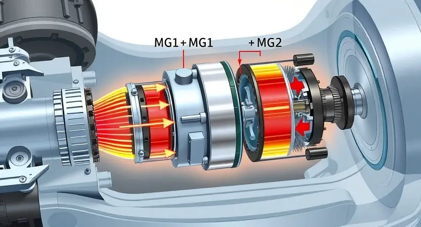 A detailed illustration of a hybrid car's powertrain, specifically highlighting the MG1 and MG2 motor-generators. Show the motors integrated within the drivetrain, with visual cues indicating heat buildup (e.g., subtle glowing effects around the motor housings, faint heat waves). Include arrows pointing to potential areas of mechanical stress or friction within the motor mechanisms. The overall composition should be clean and informative, emphasizing the internal components and their interaction